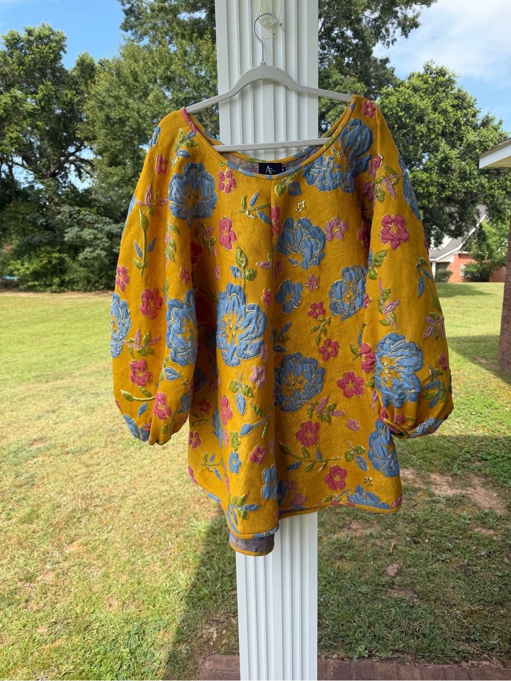 Arianne Elmy Yellow Jacquard Good Luck Dress Metallic Floral Embroidery - Picture 2 of 3